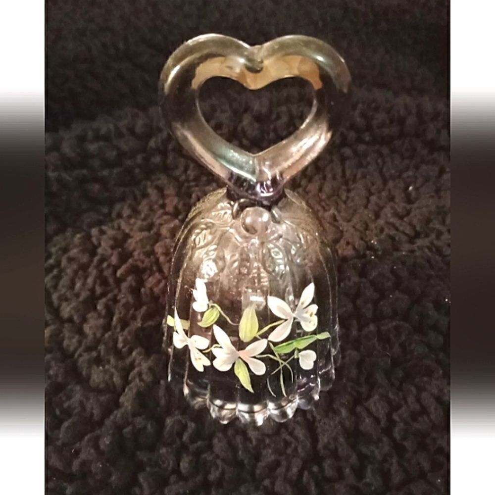 Vtg Fenton Bell Lilac Purple Ribbed Heart Handle HP Flowers J Burkhart 3.5"